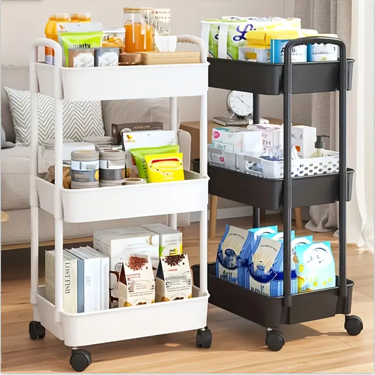 -Tier Durable Plastic Rolling Storage Cart with Wheels - Easy to Move, Black & White Organizer for Kitchen, Bathroom