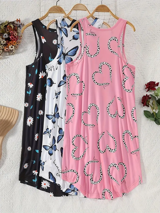 3pcs Women'S Plus Size Sleepwear Set - Casual Nightgowns with Cartoon Hearts & Butterflies, Lightweight Stretch Fabric