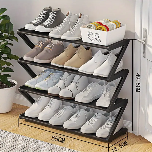 1pc 4-Tier Large Size Z-Shaped Shoe Rack, Easy Assembly No Tools Required, Pink Plastic Stackable Storage Organizer for Home, Dorm, and Living Room, Space-Saving Floor Design
