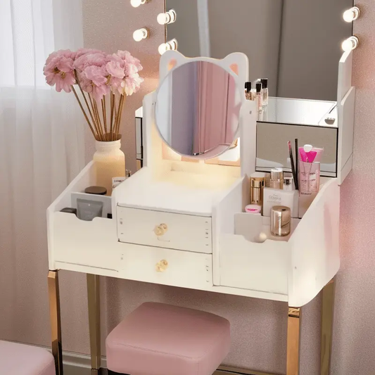1pc Elegant White & Pink Vanity Organizer with Mirror - 27" Tall, 3.2 Cu Ft Capacity, Modern Design with Drawers & Shelves, Perfect for Makeup Storage & Cosmetic Organization, Contemporary Vanity Accessories